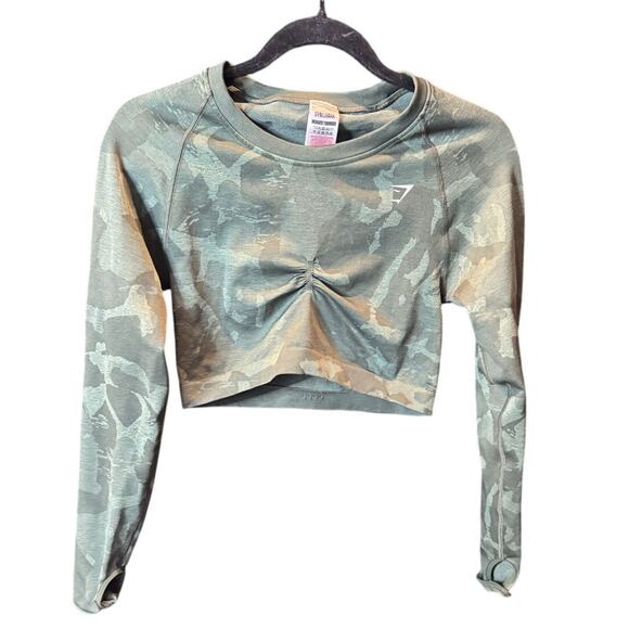 Gymshark Women’s Camo Ruched Long Sleeve Crop Top w/ Thumbholes Size Large - Picture 2 of 10